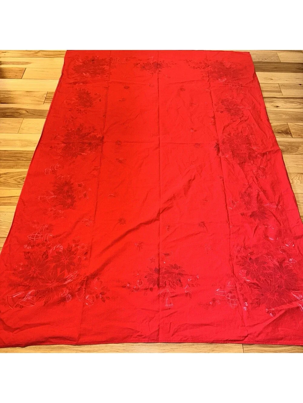Vintage Red Christmas Tablecloth 76x50 Poinsettia Bells Ornaments Holiday Decor